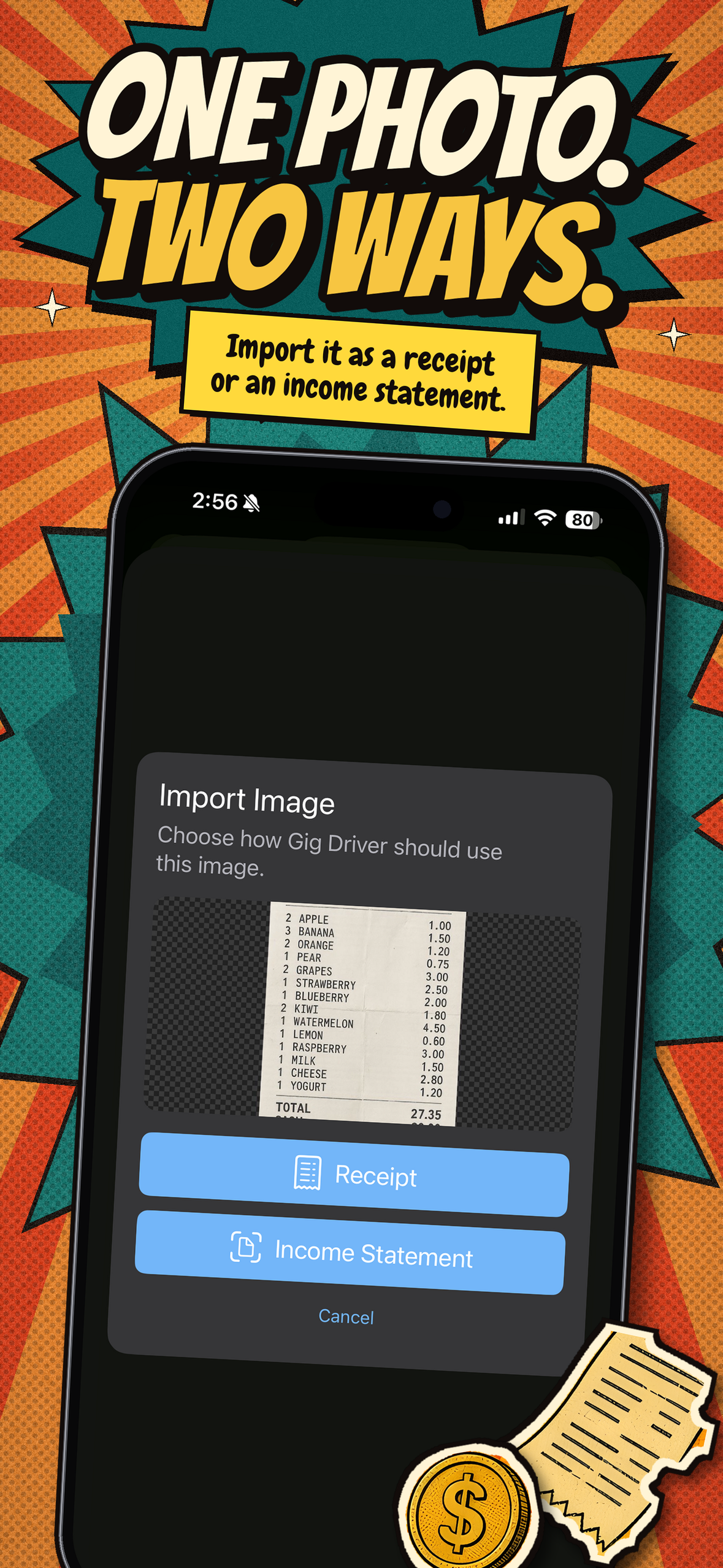 One photo, two ways — import it as a receipt or an income statement