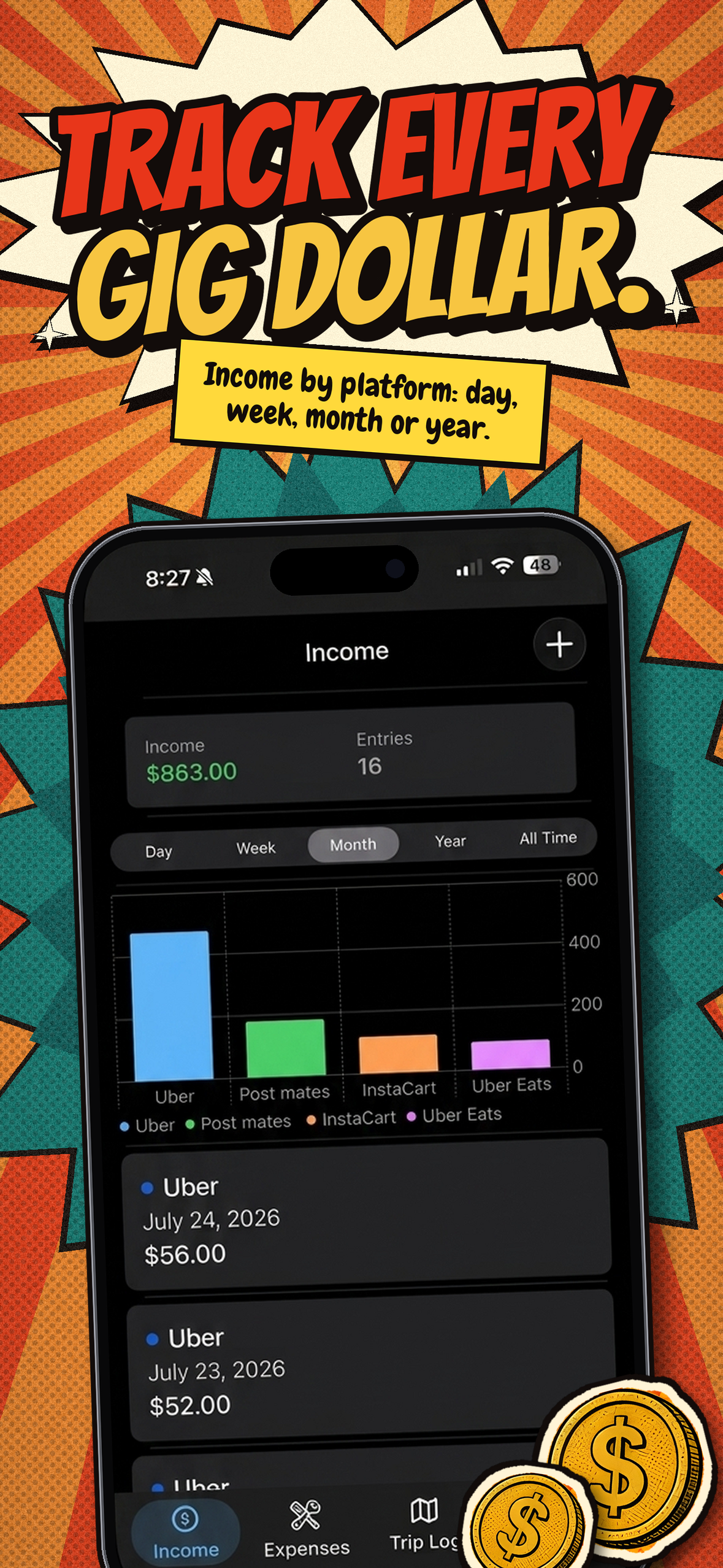 Track every gig dollar — income by platform, day, week, month, or year