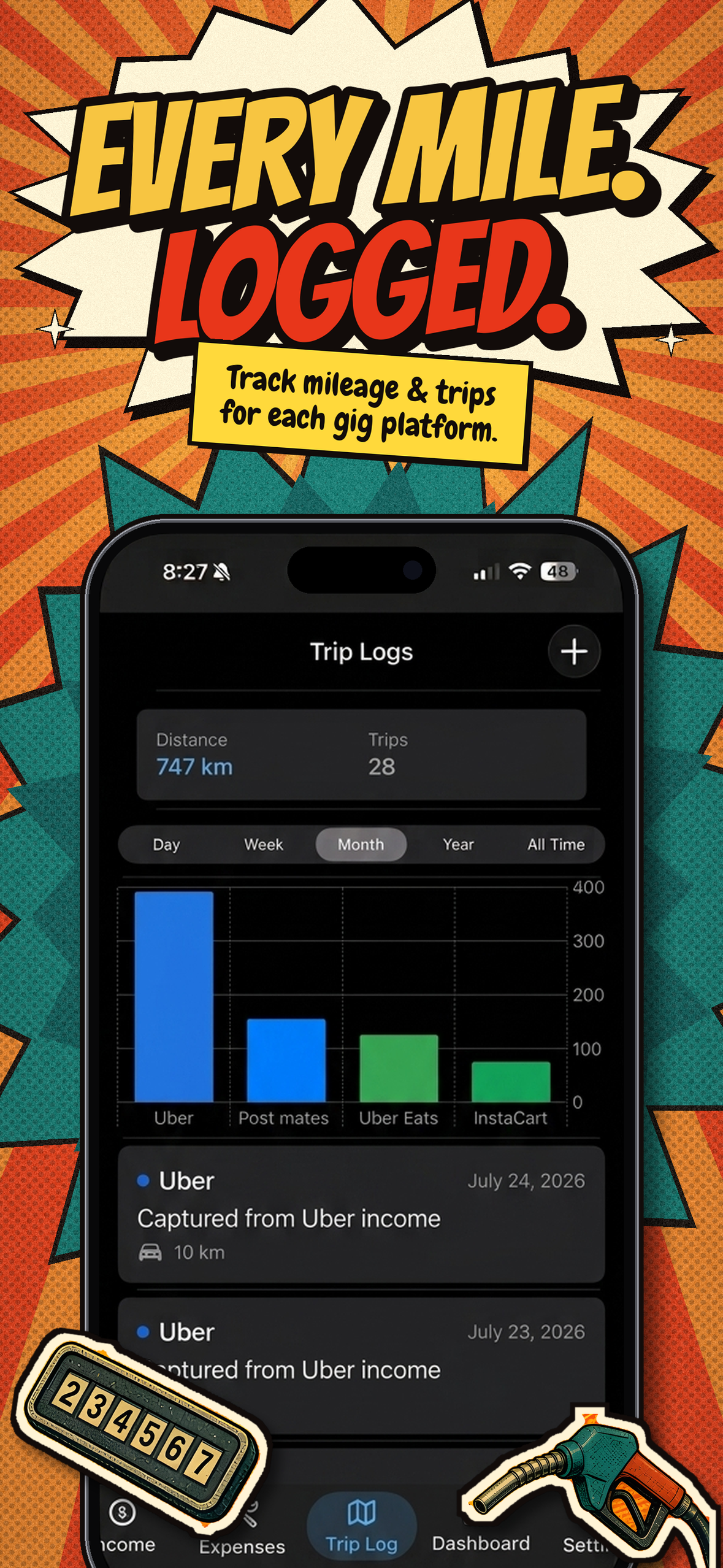 Every mile logged — track mileage and trips for each gig platform