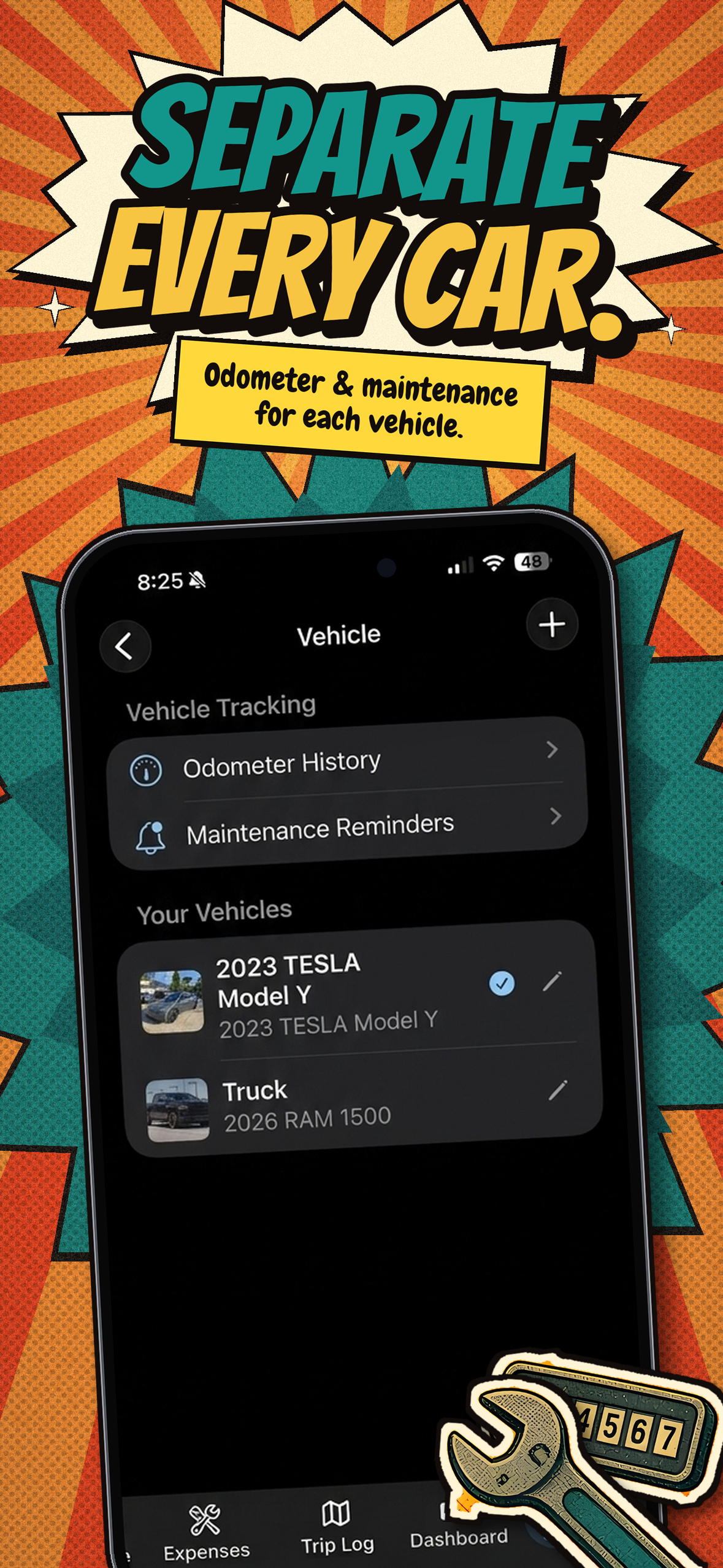Separate every car — odometer and maintenance for each vehicle