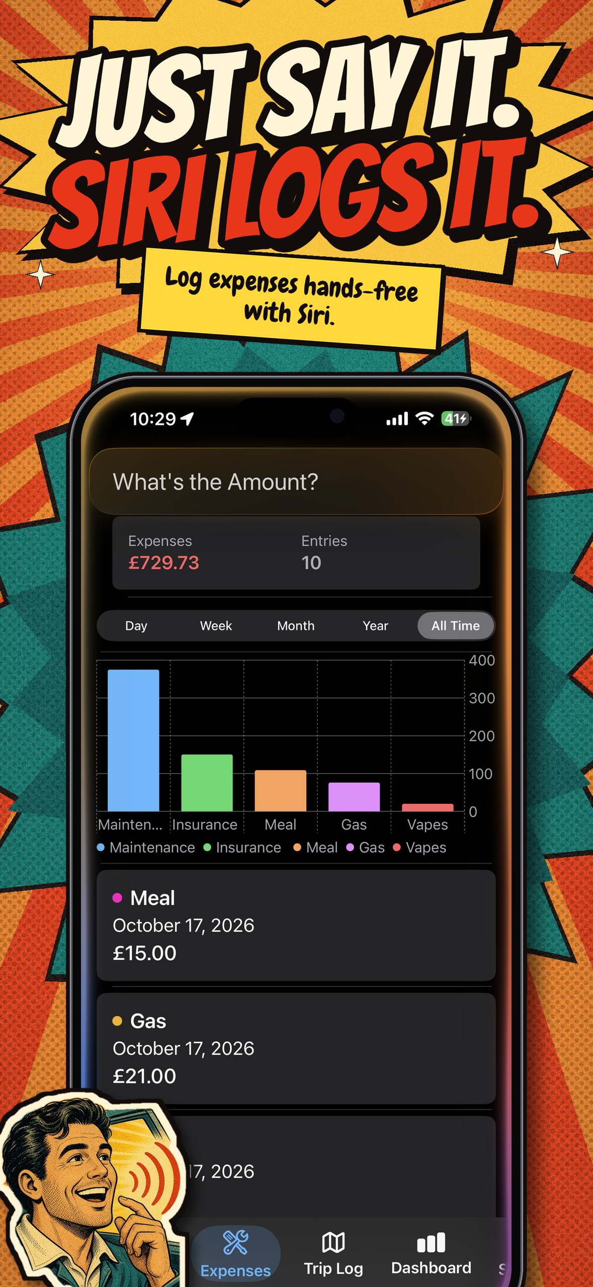 Just say it, Siri logs it — log expenses hands-free with Siri