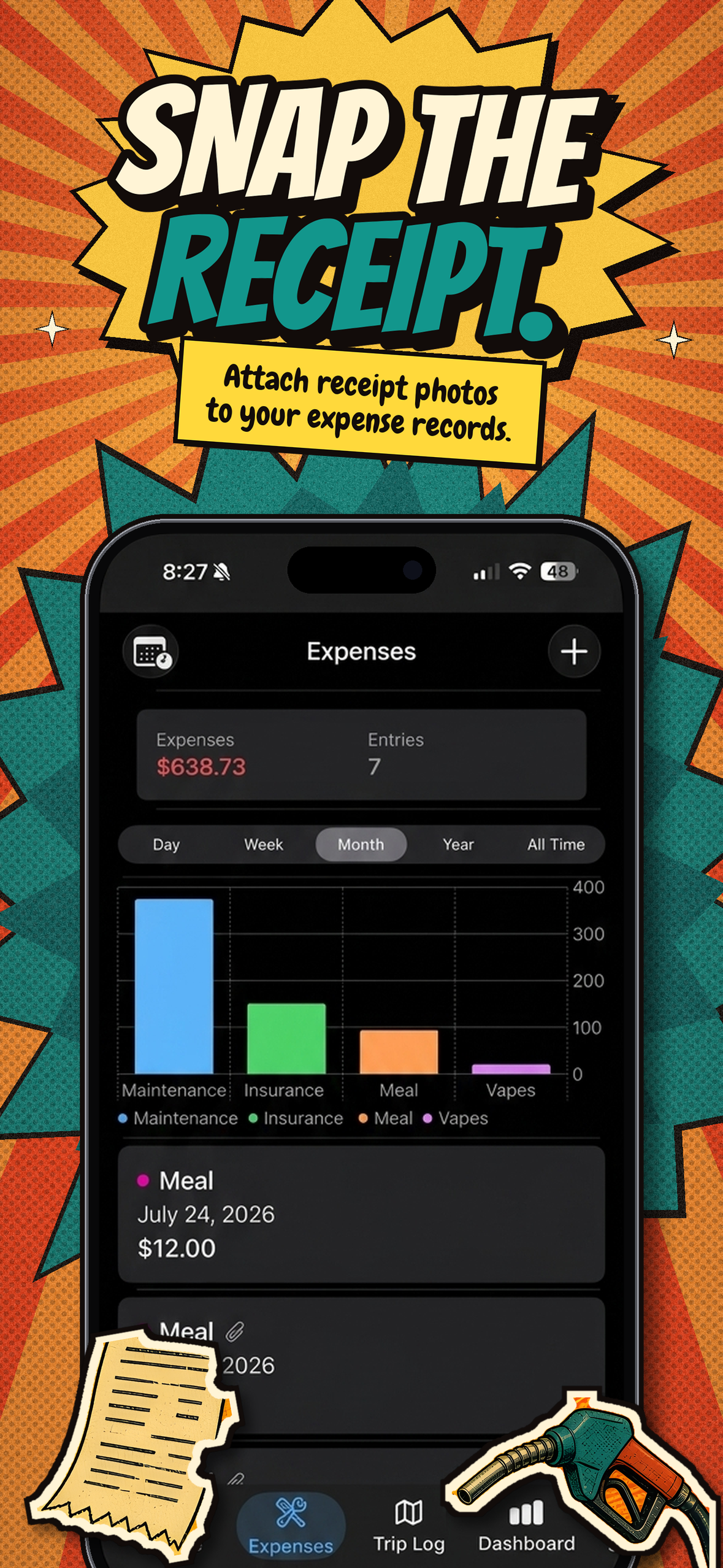 Snap the receipt — attach receipt photos to your expense records