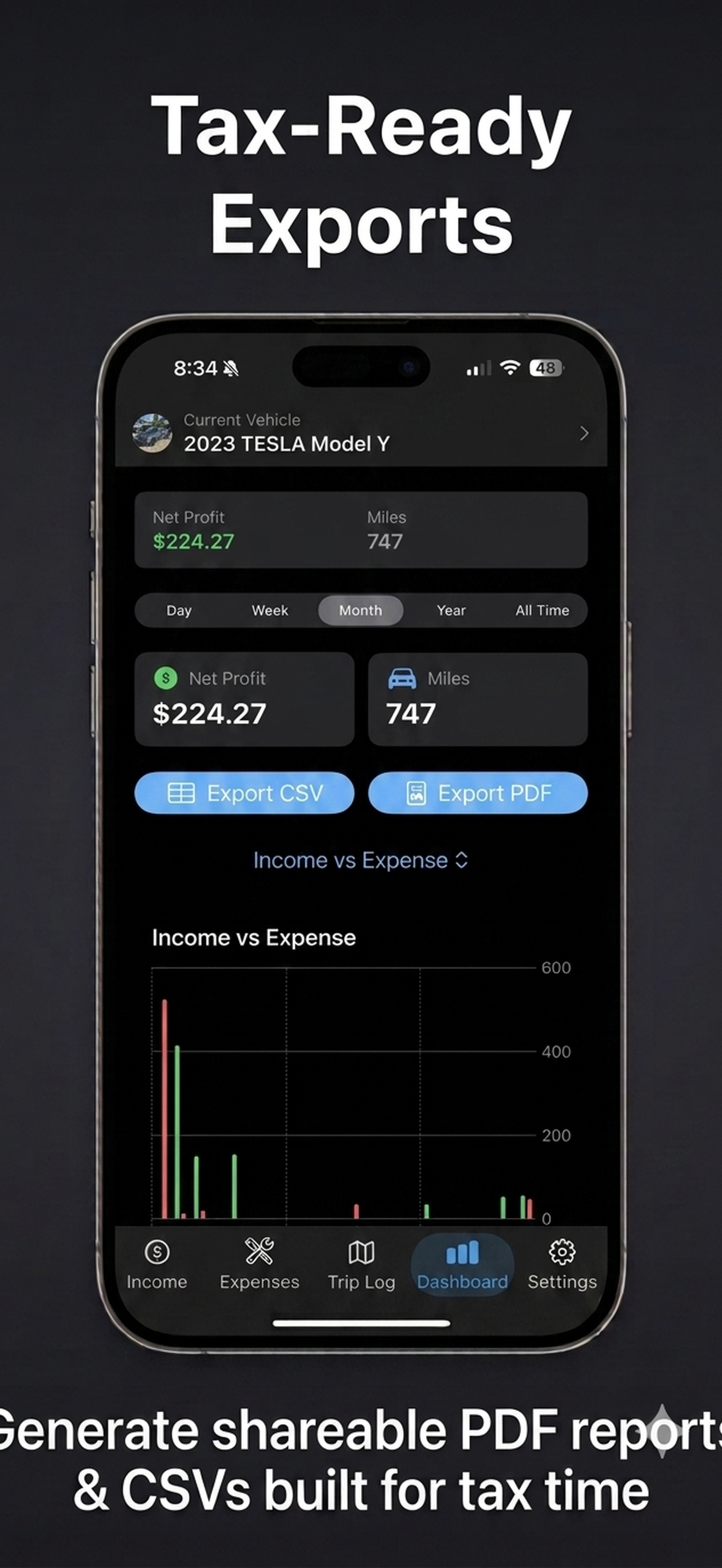 Tax-ready exports — shareable PDF reports and CSVs